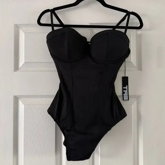 ta3 pushy one piece swimsuit black underwire padded women size medium short d/dd