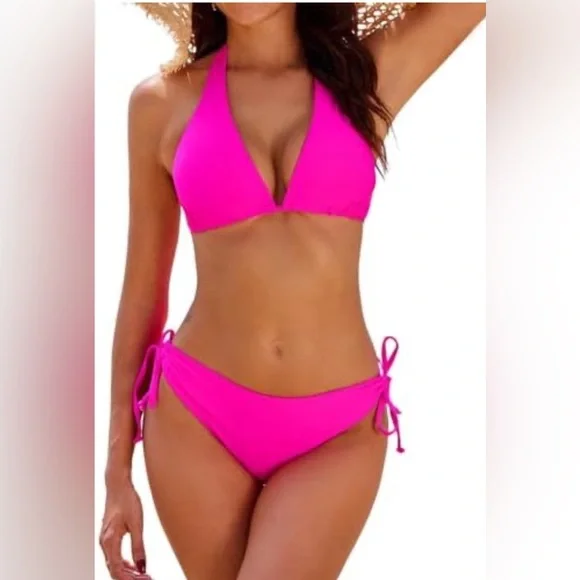 NWOT Vibrant‎ Pink Halter Bikini with Adjustable Side-Tie Bottoms