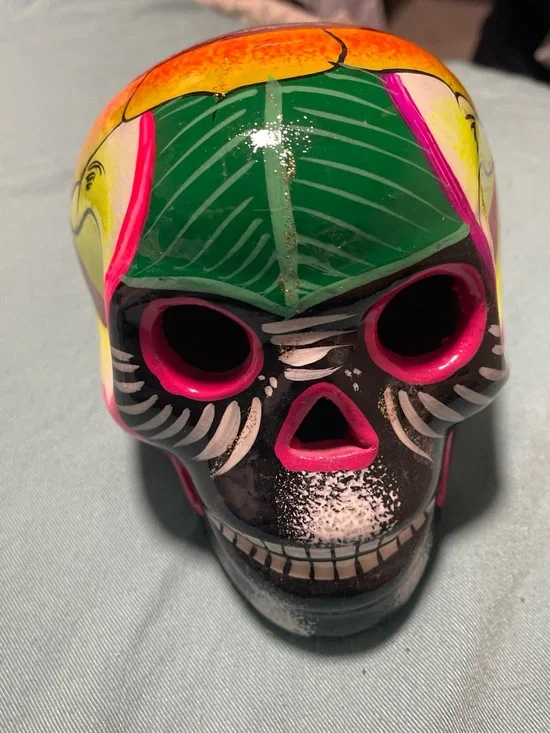 Hand-Painted Decorative Ceramic Skull - Black with Green and Pink Accents