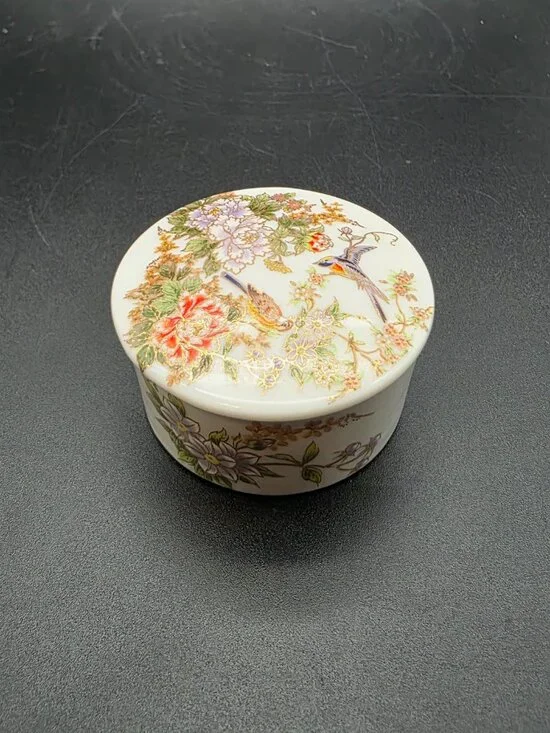 Vintage Japan Porcelain Trinket Box Birds & Floral Hand Painted Oval Lid