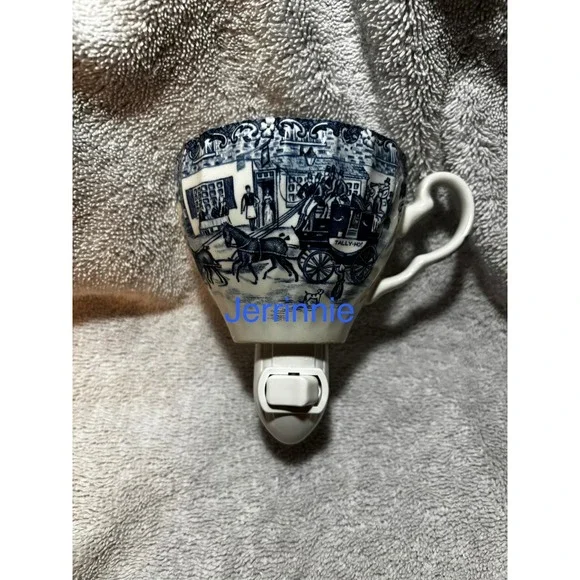 Handcrafted Blue White Transferware Teacup Night Light Tally Ho Carriage Scene