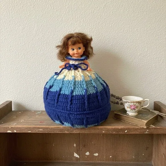 Vintage‎ Crochet Skirt Doll Blue & White Handmade 10