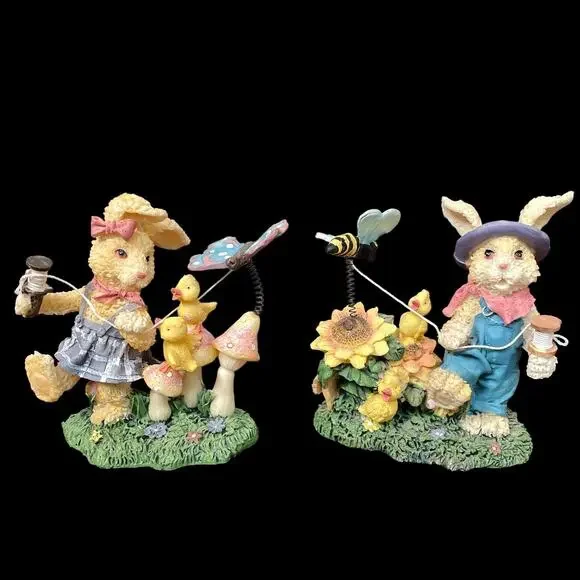 Resin Bunny Rabbit Pair with Bumblebee & Butterfly on Spring Vintage Decor