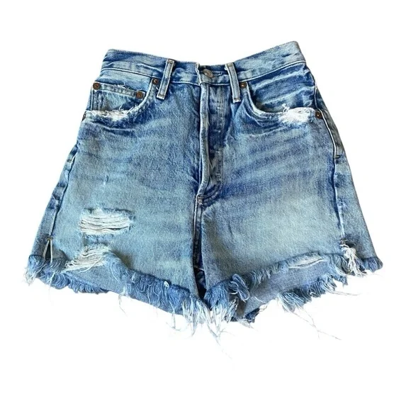 AGOLDE Dee Long Inseam Cut Off Denim Shorts Ricochet Sz 24 100% Cotton A083