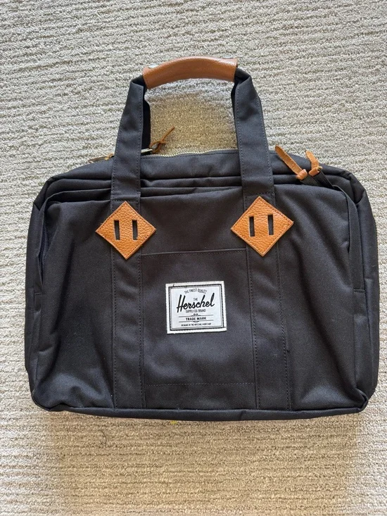 Herschel Supply Co Black Laptop Briefcase Bag with Leather Accents&Laptop Sleeve