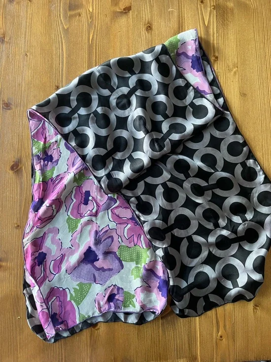 Coach 100% Silk Two-sided Black Geo & Lavender Floral Satin A-Line Scarf