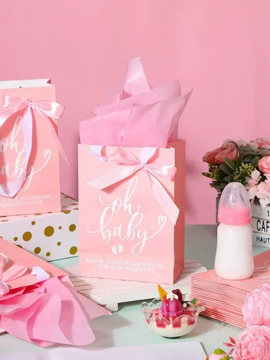 10 Pink Baby Shower Gift Bags with Tissue and Ties - 8.26x5.91x3.15 Inches