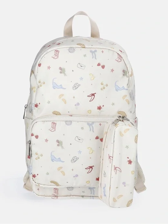 Girls' School Backpack with Icons Pattern and Detachable Pouch Off White W