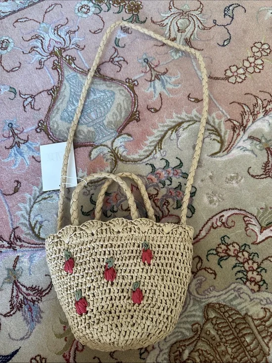 Zara Beige Straw Crochet Crossbody Bag with Red Strawberry Accents