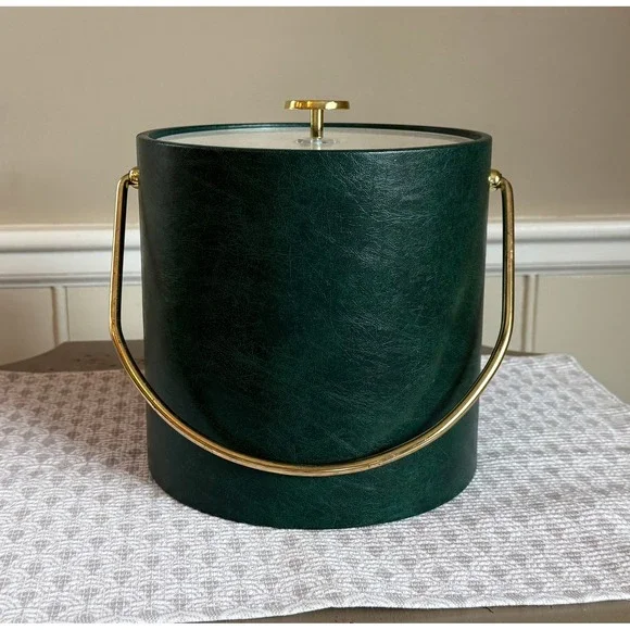 Vintage Kraftware Green Faux Leather Ice Bucket Gold Handle Mid‎ Century Modern