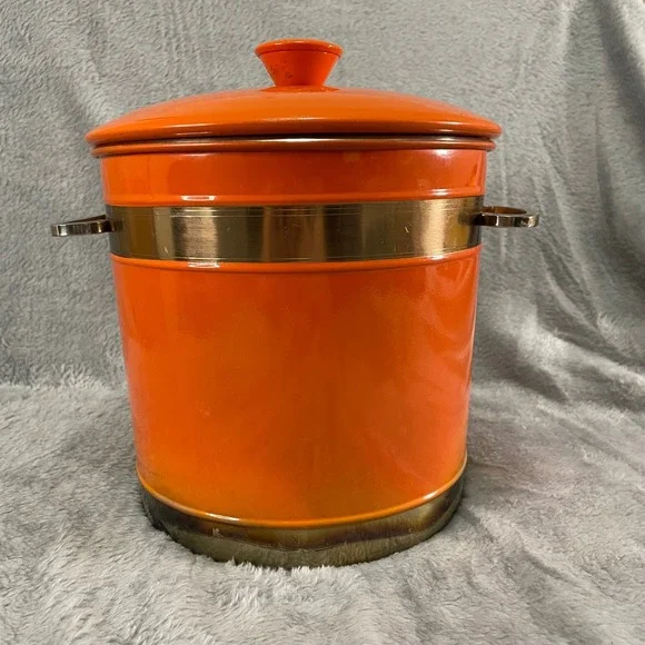 Fiesta Orange Enamel Metal Ice Bucket with Lid and Brass Accents Vintage Retro