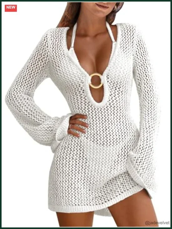 Women Beach Crochet Cover Up Knit Swimwear Mesh Bathing Suit Hollow Out Dress