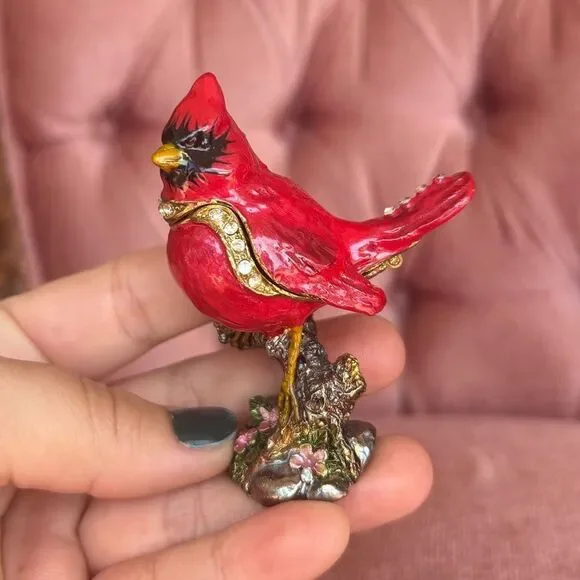 Jeweled Red Cardinal Trinket Box – Enamel Hinged Bird on Branch