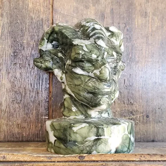 Velnias Horned Bust Serpentine Jade Demon Head Bust Crystal Skull 1740 grams