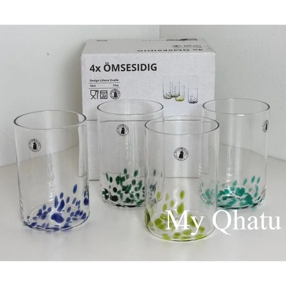 IKEA OMSESIDIG 4pk Glass Set Handmade 17oz Colorful Dots New discontinued