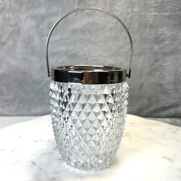 Vintage English Cut Glass Ice Bucket Silver Rim‎ Swing Handle Diamond Point Bar
