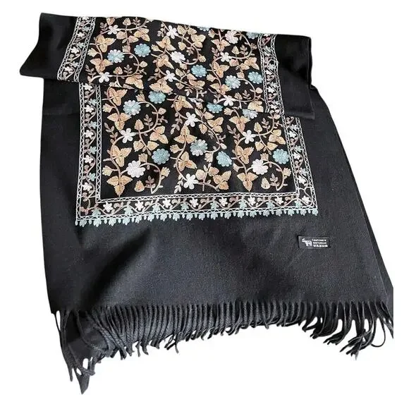 Women's Embroidered Cashmere and Wool Scarf in Black, Size OS​​