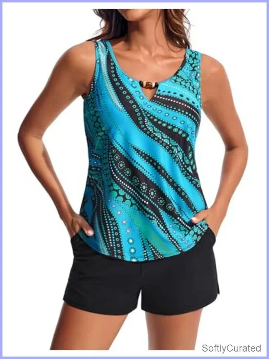 Modest Tankini Swimsuit with Bead Neckline & Swim Shorts