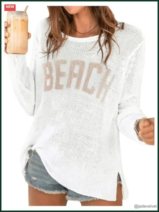 Women's Beach Cover Up Letter Print Long Sleeve Crochet Jumper Top
