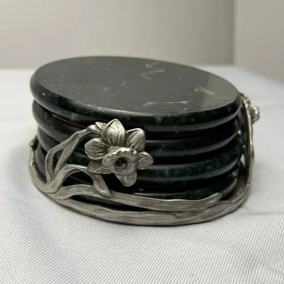 VTG Seagull Pewter 1992 Green Marble Coaster Set 4 Art Nouveau Floral Holder