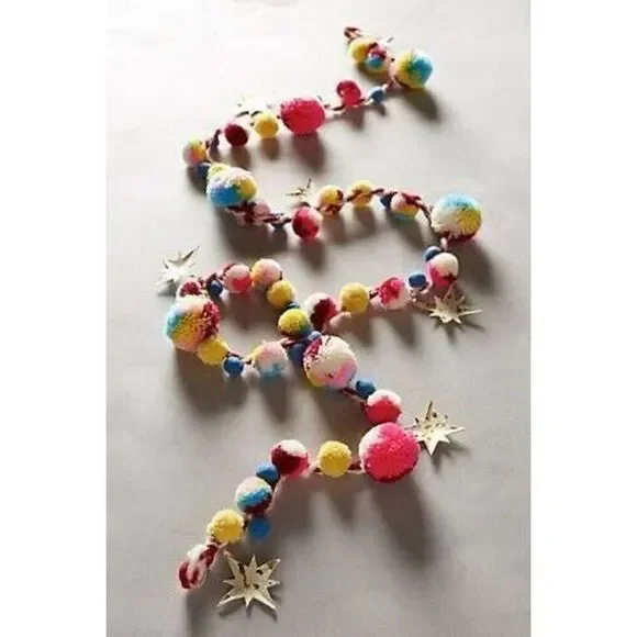 Anthropologie Wishing Star Garland Pom Pom Colorful Stars NEW