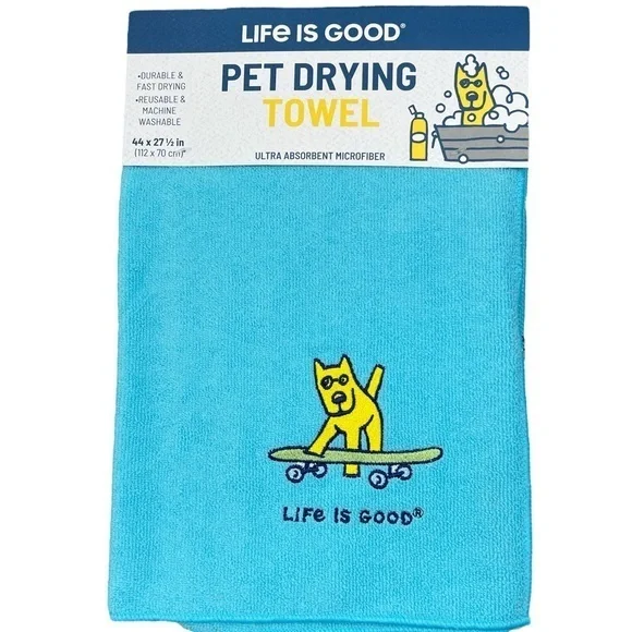 PETS - Life is Good - 2/$28 - ‘Skateboarding Jake - aqua’ pet drying towel. NWT