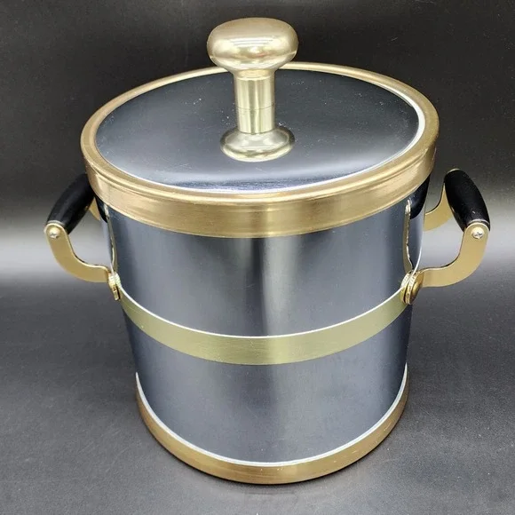 Kraftware M Silver Gold Ice Bucket MCM Vintage Barware Retro Bar Cart Accessory