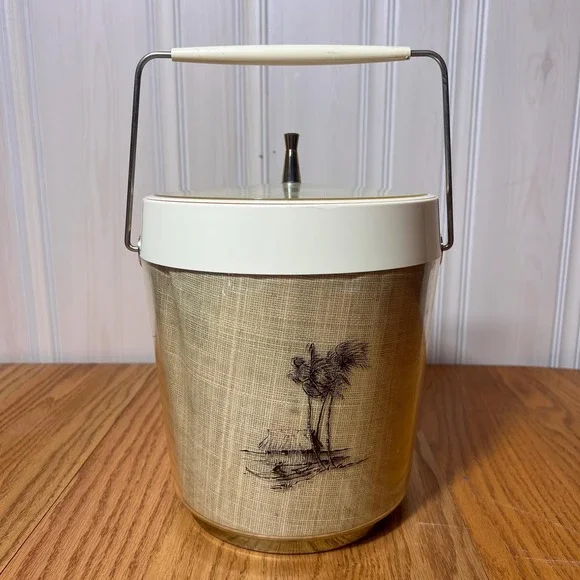 VTG Faux Rattan Ice Bucket Palm Tree Tiki Scene Mid Century Barware  Retro