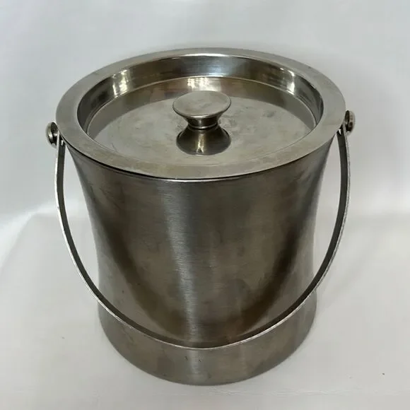 Ice Bucket Vintage Silver Metal Lid Handle Ice Scoop 12 Cup 7 In Tall 7 In Round
