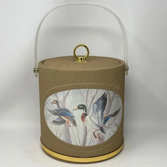 Vintage Norman R Wyatt Mallard Duck Ice Bucket Faux Leather Acrylic Handle Tan