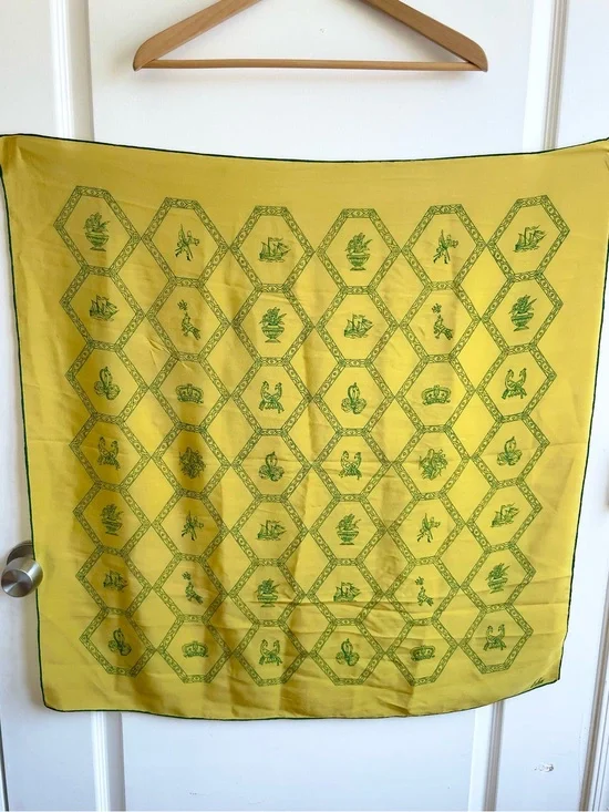 Vintage Echo Hand Rolled Scarf Honeycomb Crest Of Arms Chartreuse Silk?