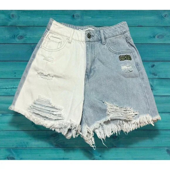 Broken Promises Two-Tone White & Light Blue Distressed Denim Shorts