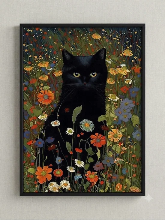 Black Cat Floral Framed 8x10 Art Print