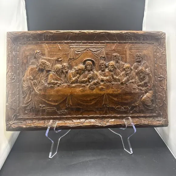 Vintage 3D Jesus LAST SUPPER Wall Religious Plaque Faux Wood Relief Carving