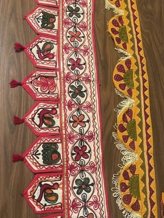 Vtg lot of 2 Toran valances/ boho wallhangings hand embroidered mirrors