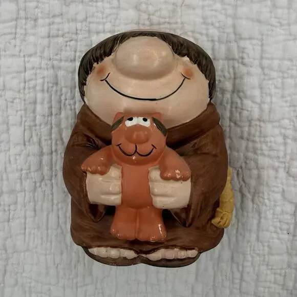 Wind-Up Ziggy Cartoon Figurine Smiling Padre Holding Dog Ceramic/Wood Brown