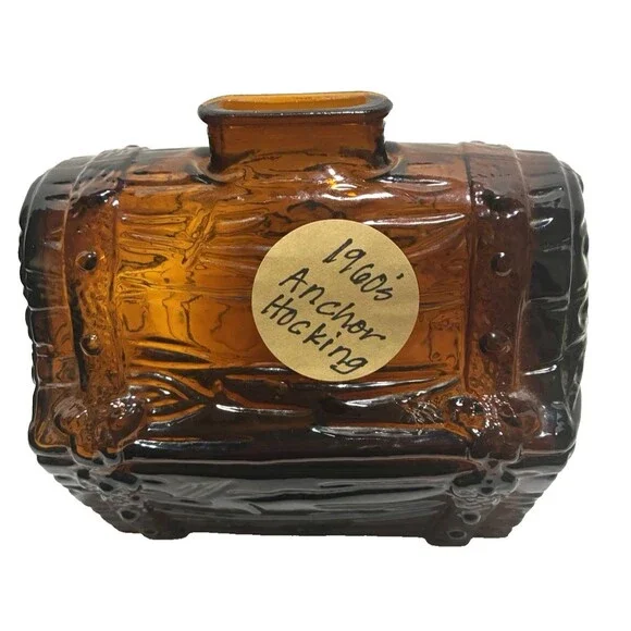 Anchor Hocking Pirate Treasure Chest Coin Bank Dark Amber Glass  - 1960s Unique!
