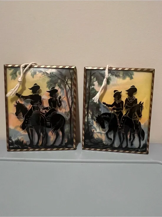 Set of 2 Vintage Hanging Picture Frames Western Cowboy Silhouette 4x5 Portrait