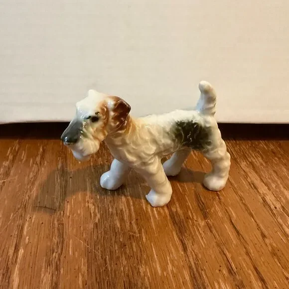Vintage Wire Fox Terrier Ceramic Dog Figurine White Brown Black 3