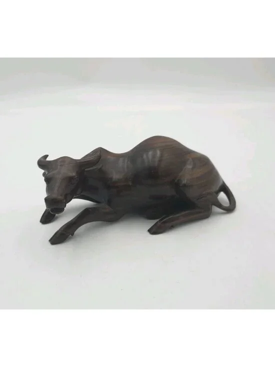 Vintage Hand Carved Wooden Resting Bull Ox Figurine Dark Wood Animal Sculpture