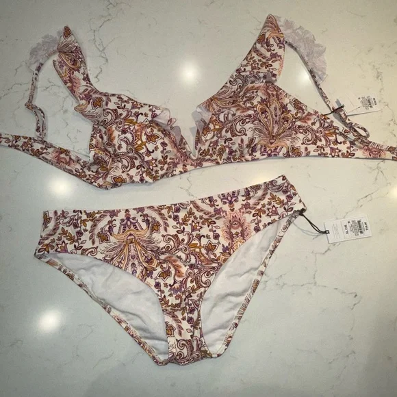 Size XS(0-2) Shade & Shore Paisley Floral Bikini Set with Ruffle Trim Beach Baby