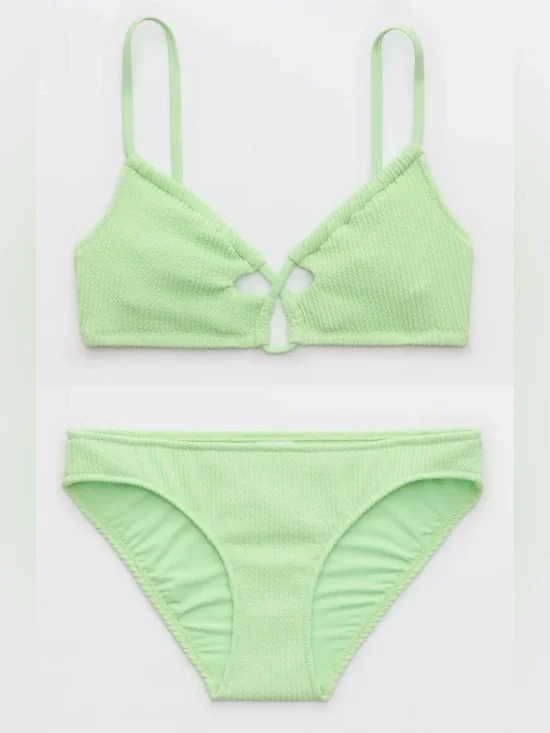 NWT Aerie FULL SET Crinkle Lace Up Top + Full Coverage Bottom Mint Green - Sz S