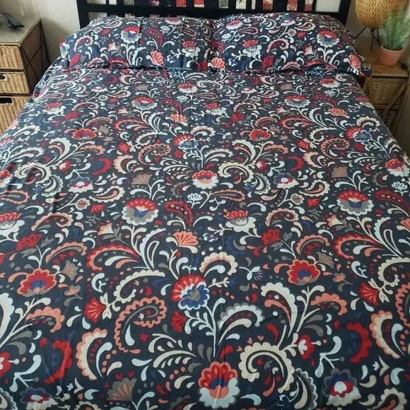 IKEA KRATTEN Full Queen Duvet Cover Set 2 Pillowcases 100% Cotton Floral Navy