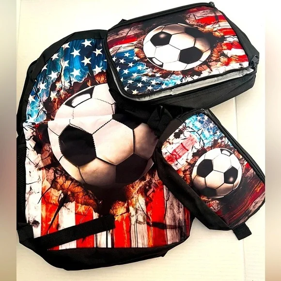 SCOROTEC BACKPACK SET (AMERICAN FLAG SOCCER) INCLUDES LUNCH BOX & PENCIL CASE.