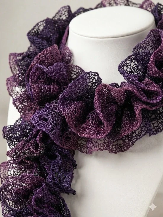 Handmade Hand Knitted Ruffled Amethyst Purple Mesh Sashay Yarn Scarf