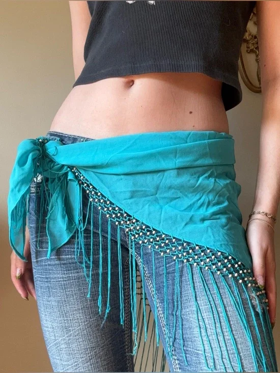 Turquoise Fringe Scarf with Beaded Trim