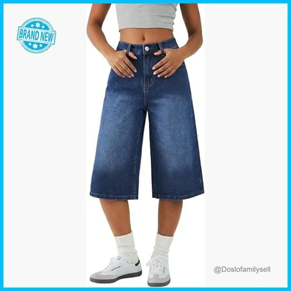 Y2K Retro Denim Bermudas Wide Leg Baggy Jean Shorts Mid High Waisted