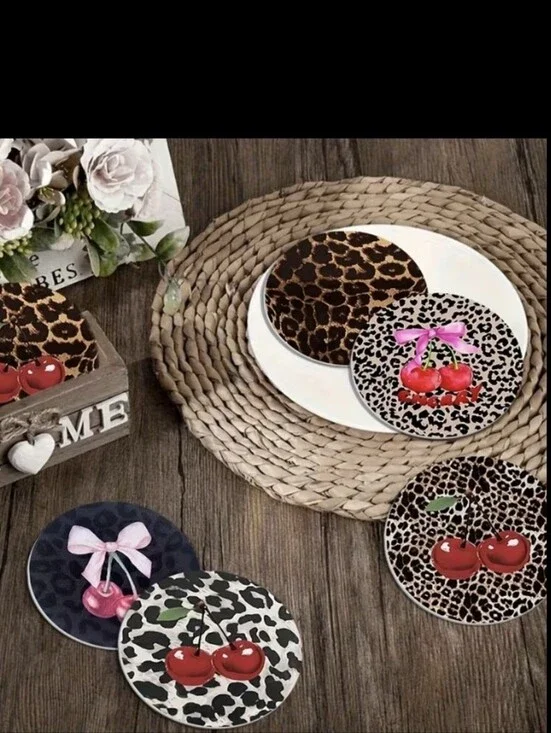 Cherry Leopard Animal Print Decor 6pc Coaster Set NEW
