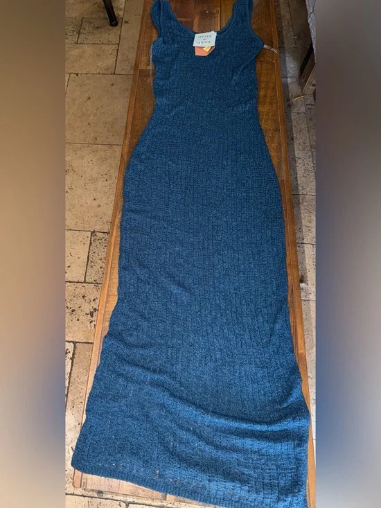 Women's Ribbed Knit Cover Dress in Teal Blue
