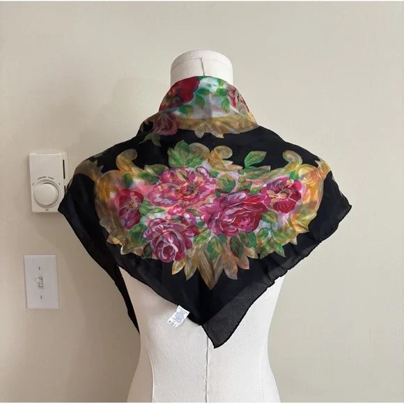 Vintage 100% Silk Scarf Echo Black Pink Green Vintage Retro 80s 90s 2000s Chic